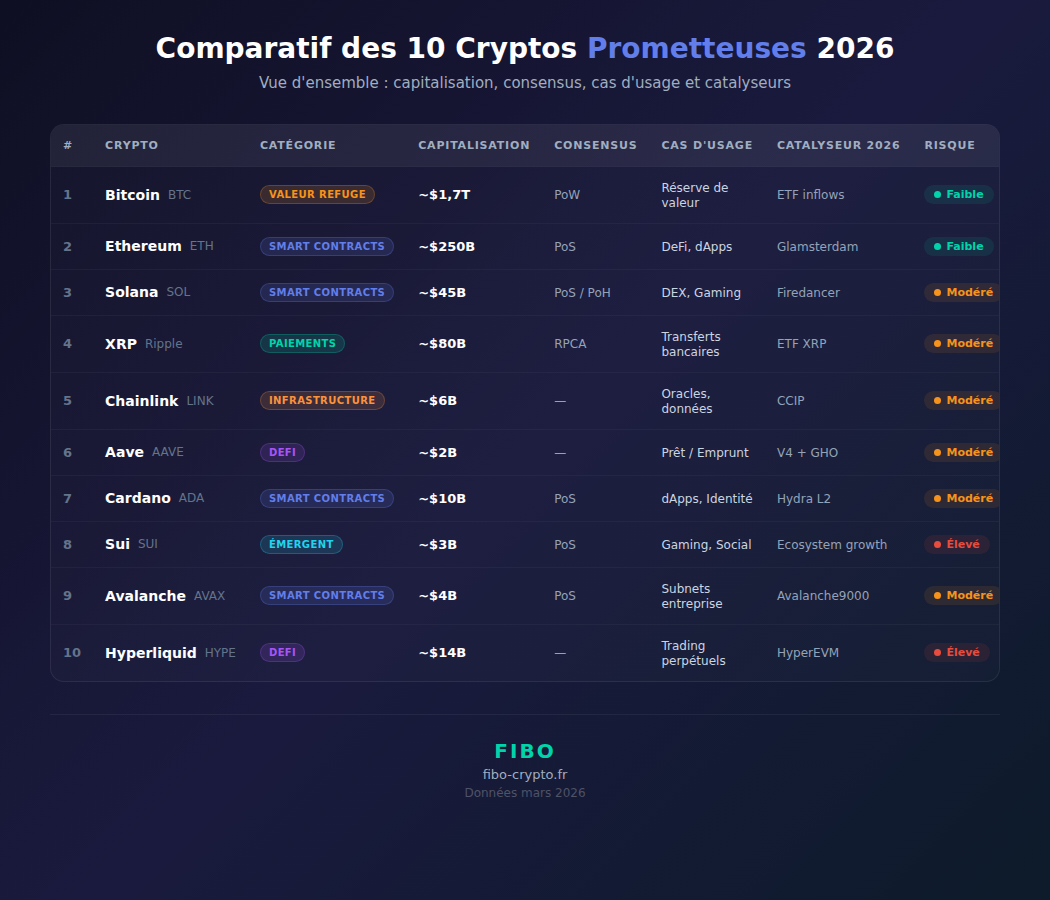 Tableau comparatif des 10 cryptos prometteuses 2026 : capitalisation, consensus, catalyseur et niveau de risque