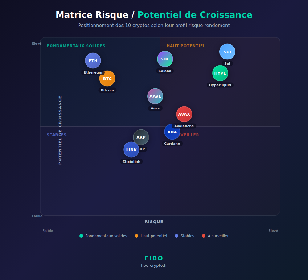 Matrice risque-potentiel des 10 cryptos prometteuses 2026 : positionnement de Bitcoin, Ethereum, Solana et autres