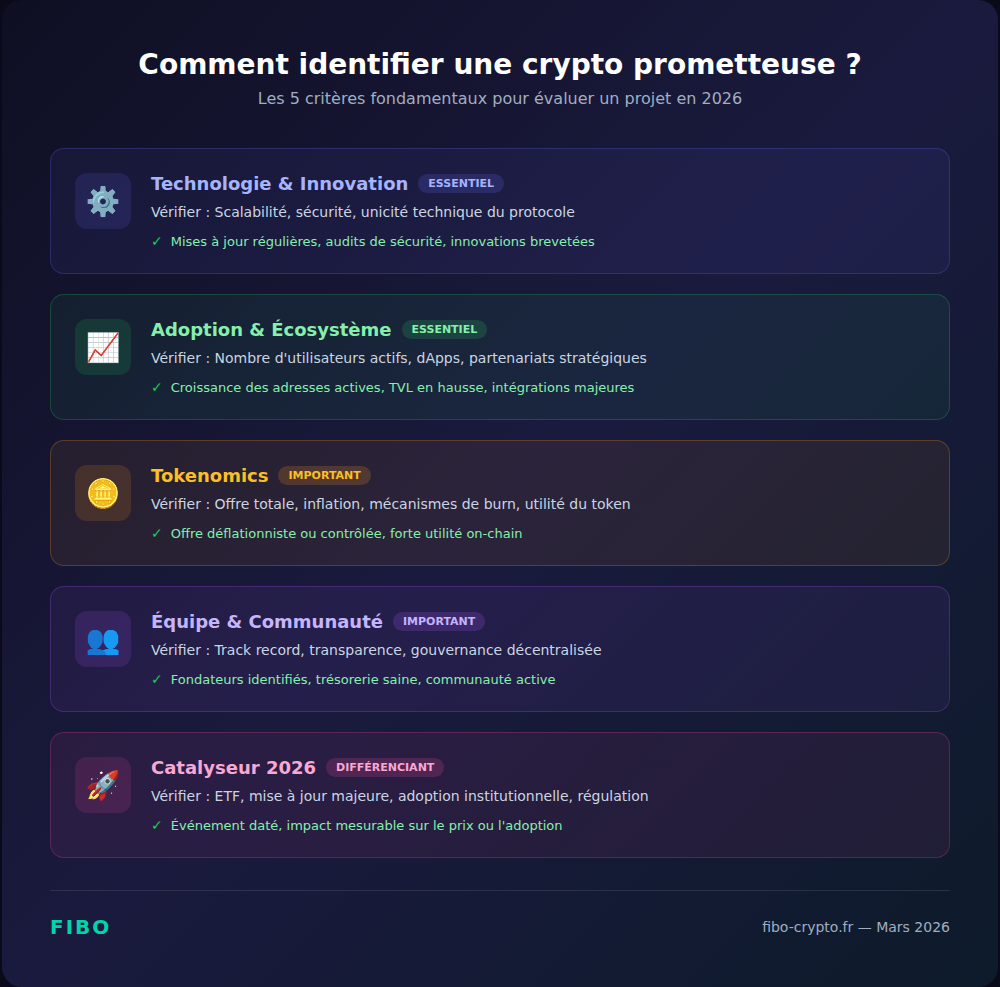 Les 5 critères pour identifier une crypto prometteuse en 2026 : technologie, adoption, tokenomics, équipe et catalyseur