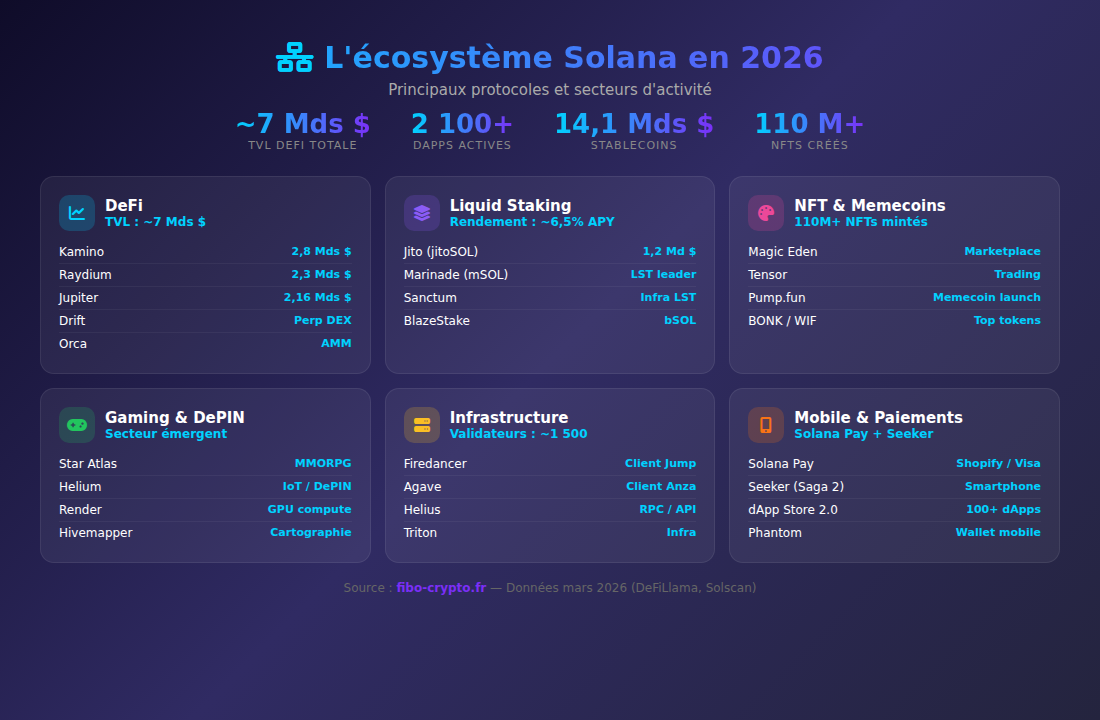Infographie ecosysteme Solana DeFi NFT staking 2026
