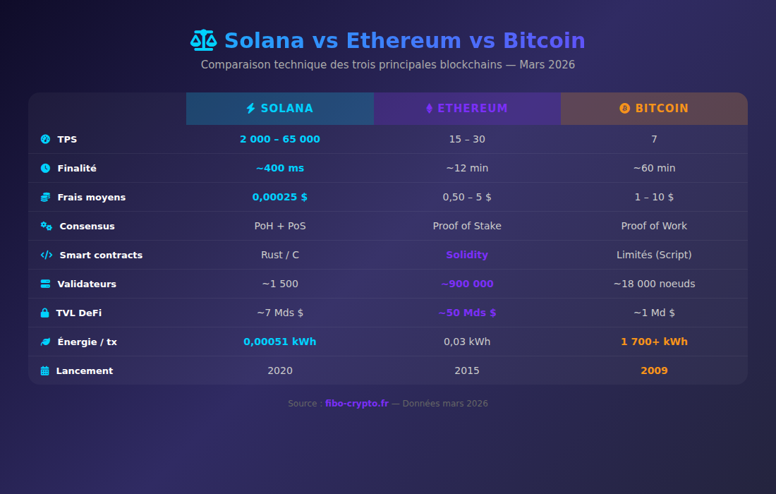 Infographie comparaison Solana vs Ethereum vs Bitcoin 2026