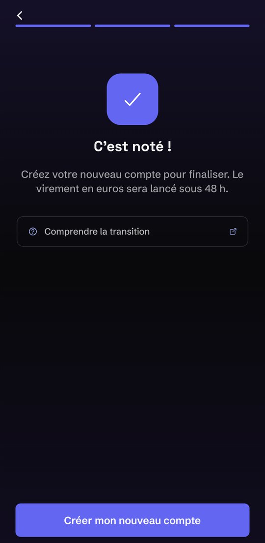 Écran de confirmation C'est noté après le choix du virement en euros